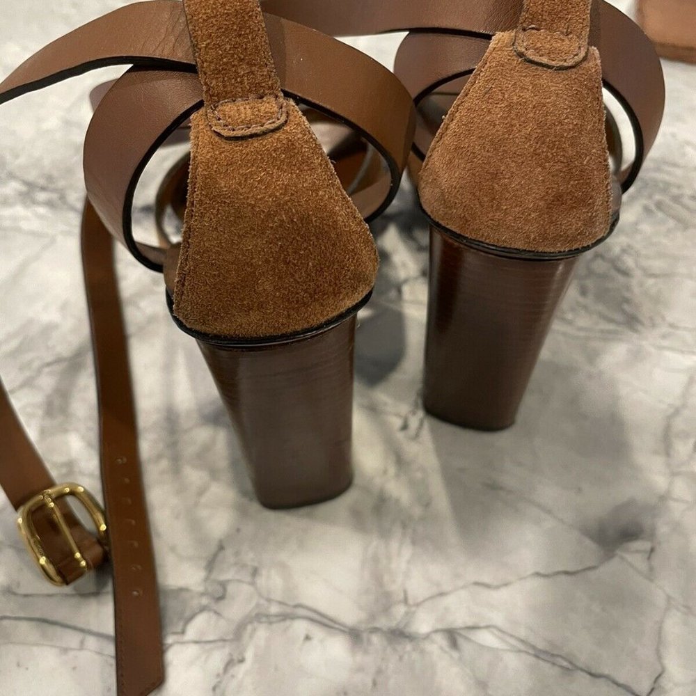 GUCCI 37.5 Brown Suede & Leather Ankle Wrap Strap Sandal Heels Maori - Picture 3 of 11